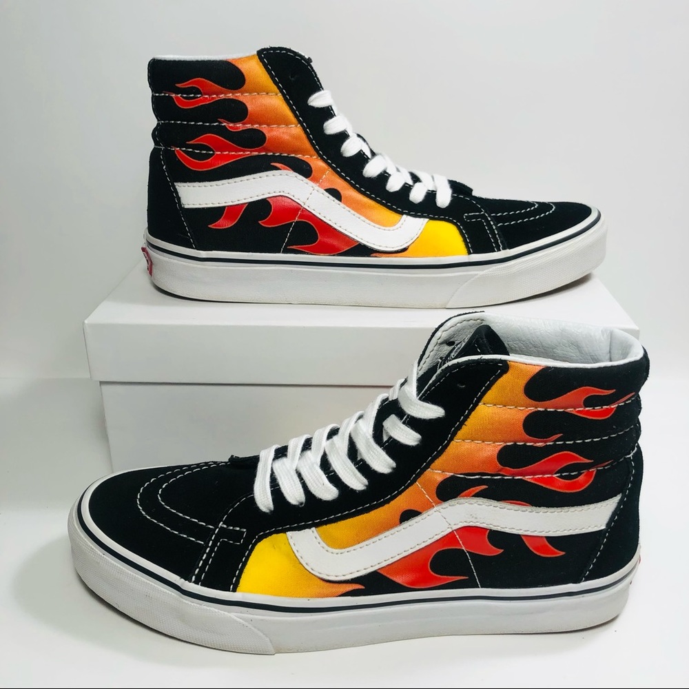 Vans Sk8-Hi Black with Red and Orange Flame Sneakers